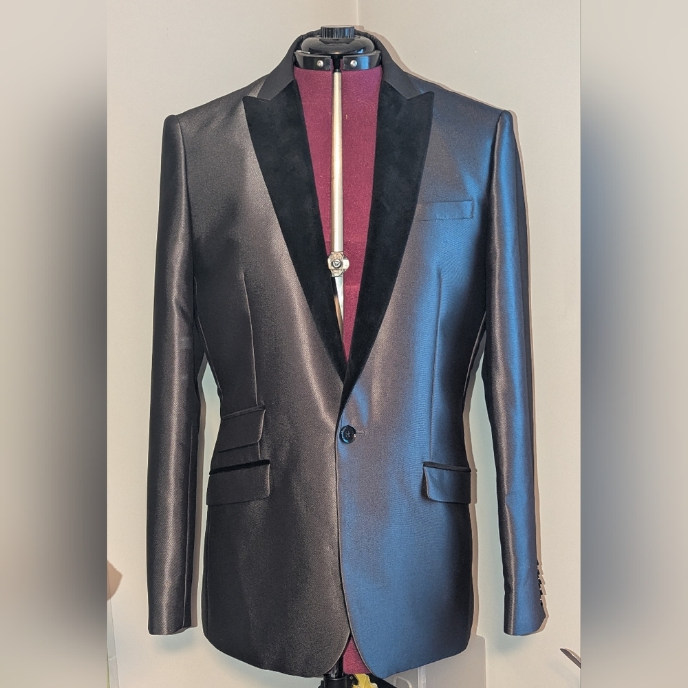 Express Gunmetal Grey Satin With Black Velvet Lapels Men's Tuxedo Jacket